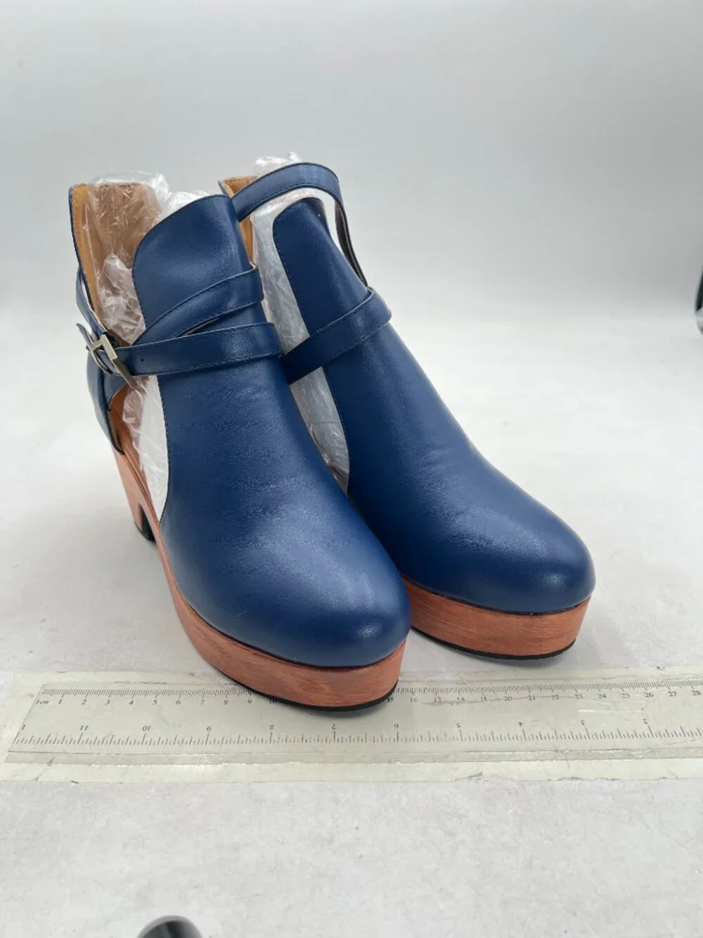 Blue Platform Round Toe Cutout Ankle Boot Strap Buckle Cork Block High Heel Boot